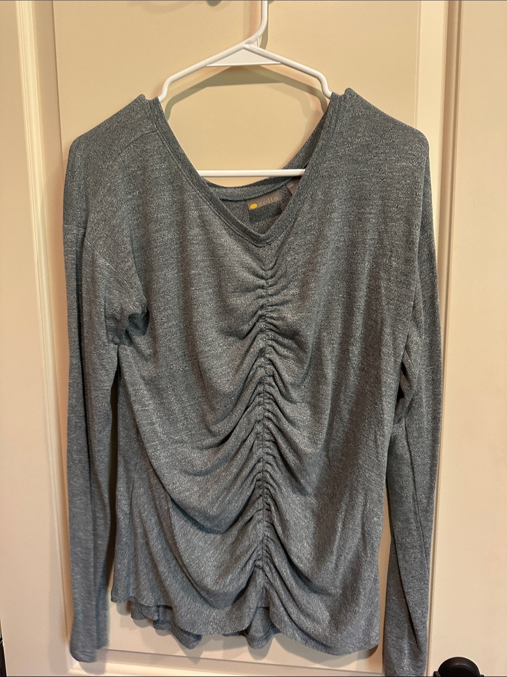 Zella Gray Ruched V-Neck Long Sleeve Top